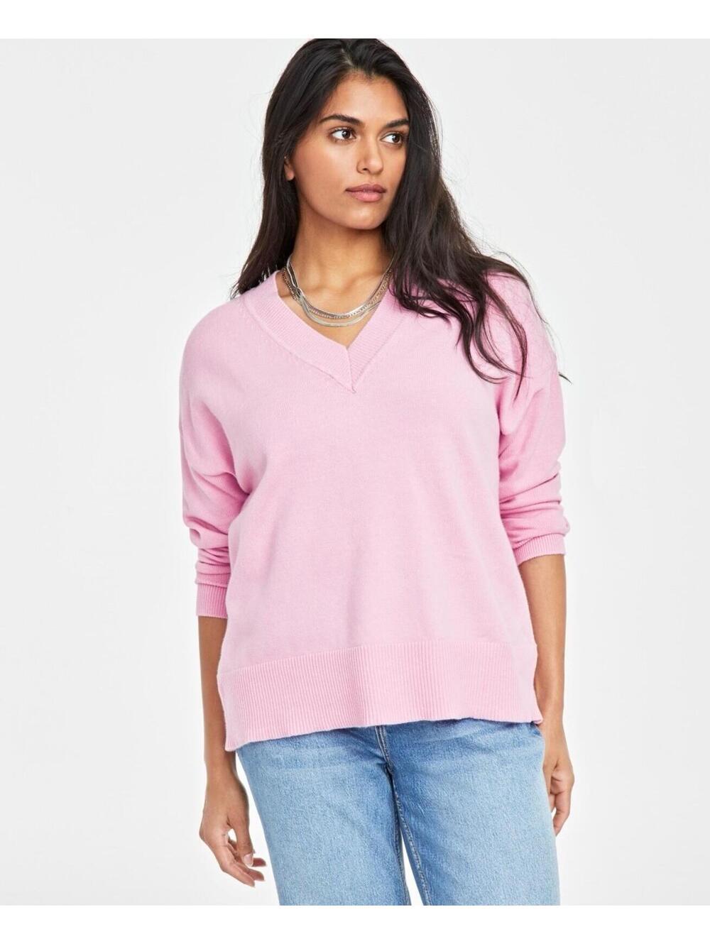 $50 On 34th Women's V-Neck Dropped-Shoulder Sweater, Pink S